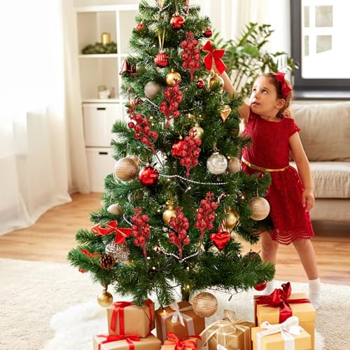 Jremreo 24 Pack 9 Inch Glitter Berry Stems – 15 Berries per Stem, Red Christmas Tree Ornaments & DIY Wreath