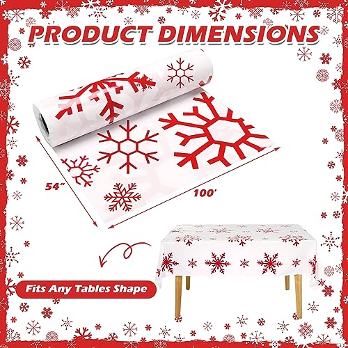Red White Snowflake Plastic Tablecloth Roll - 52 x 100 Inches for Events