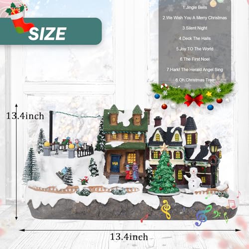 Afirst Christmas Village Houses with Skaters & Skiers – Lighted Rotating Xmas Scene with USB, Musical & Collectible Figurines