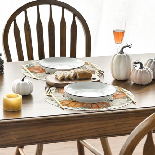 Artoid Mode Pumpkin Eucalyptus Round Fall Placemats Set of 4 - 14 Inch Beige & Orange