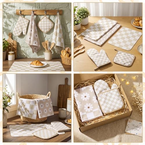7-Piece Kitchen Decor Set, Beige Checkerboard Oven Mitts and Towels