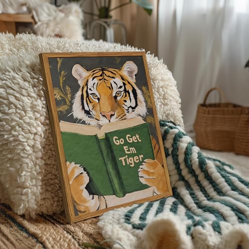 Funny Tiger Reading Canvas Wall Art - 12x16 Framed Motivational Decor