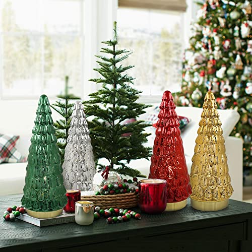 Red Mercury Glass Christmas Tree Set of 2 - 10 Inch Tabletop Xmas Decor with Lights - Battery Operated