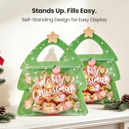 Leafory 50 Pcs Christmas Tree Shaped Treat Bags with Handle, Reusable Gift Bags
