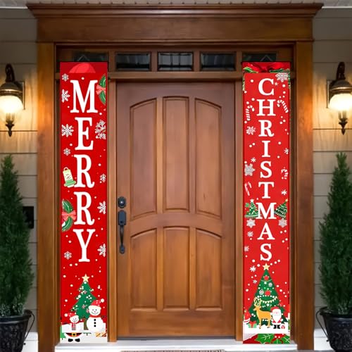 BlissYard Merry Christmas Decorations 30x71 Inch Red Banner with Snowman Santa Gifts – Christmas Door Porch Wall Decor (Variation: Christmas Door Banner#3)