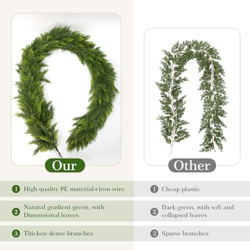 6 ft Cedar Garland - Real Touch Artificial Christmas Greens for Indoor Outdoor Decor