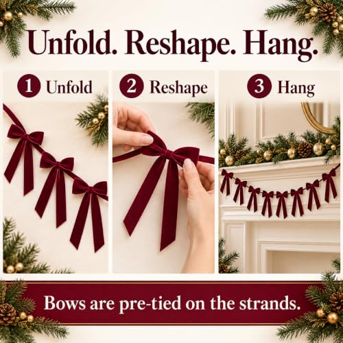 GAJILON 2 Pack Flocked Christmas Tree Bow Garlands - Wine Red