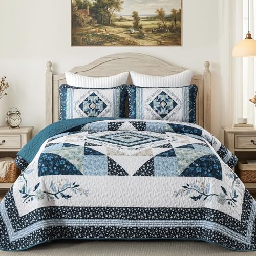 King Size Patchwork Quilt Set, Navy Blue Floral Bedspread - 3 Pieces