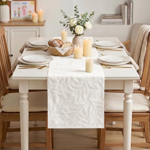 White Cotton 3D Jacquard Leaves Table Runner 13x72 Inch for Dining & Holiday Decor
