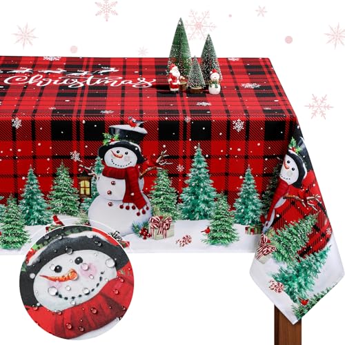 WovWeave Christmas Tablecloth 60x84 Inches Red Black Buffalo Plaid Snowman