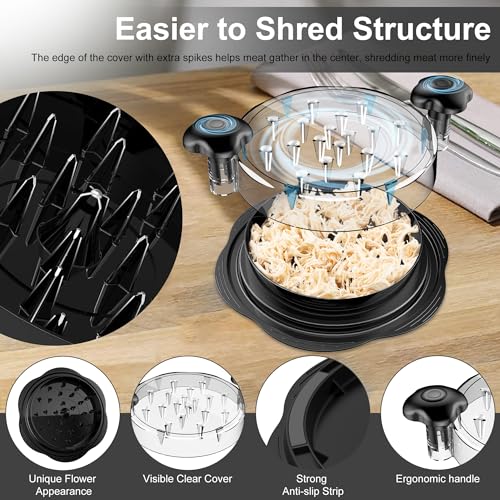 Twist Chicken & Meat Shredder Tool with Clear Lid, Fork & Brush - Black
