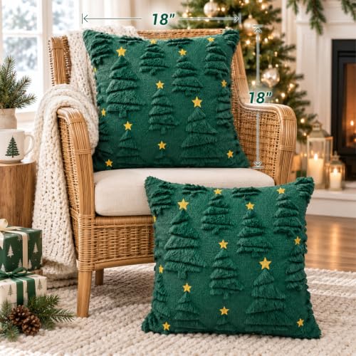 Aryala Deep Green Christmas Pillow Covers 18x18 Set of 2 - Tree & Star Decor