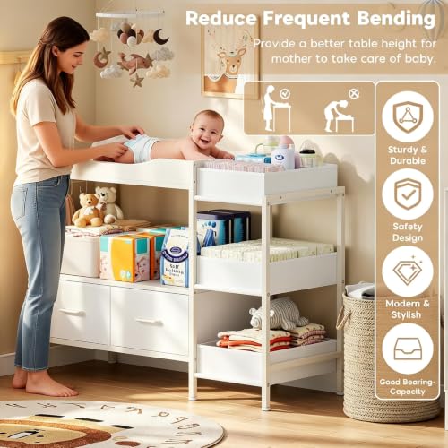 Baby Changing Table with Storage, Nursery Dresser with Drawers & Shelves