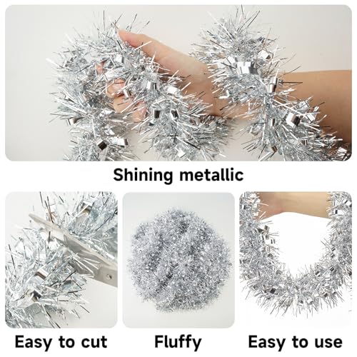 Kinglake Garden 33 ft Silver Christmas Tinsel Garland for Tree & Decor