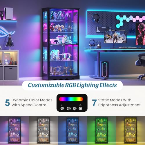 71" Tall Glass Display Cabinet with RGB Motion Sensor LED Lighting, Black