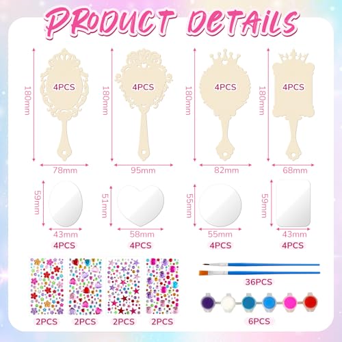 16-Set DIY Wooden Hand Mirror Craft Kit for Kids with Paints and Stickers