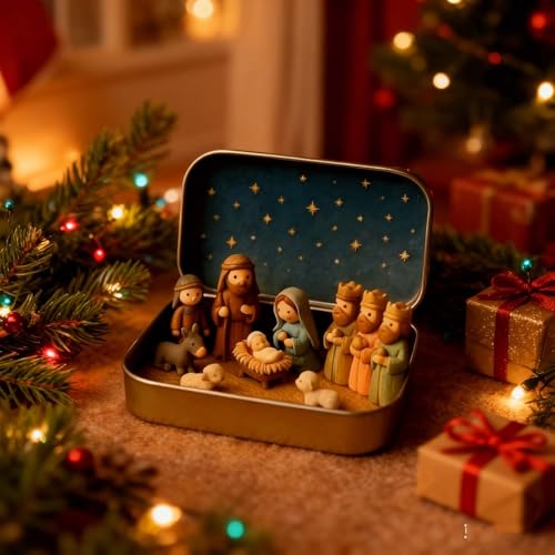 Mini Pocket Nativity Scene Set in Tin Box - Handcrafted Holiday Decor