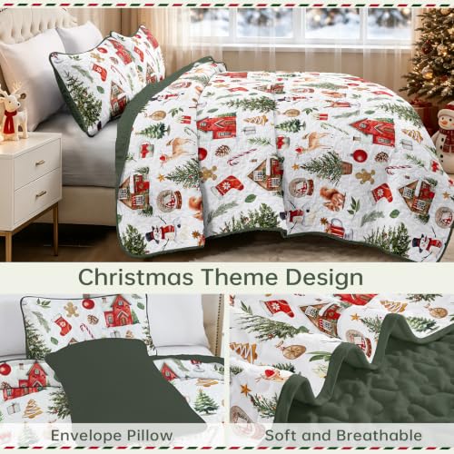 Xruibed Red & Green Christmas Quilt Set Queen 3-Piece (90x96) Elks Pattern