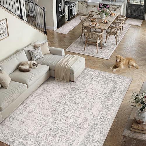 Vintage Floral Runner Rug 2x6, Washable Non-Slip Neutral Farmhouse Carpet