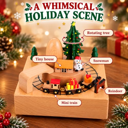 Wooden Christmas Music Box with Rotating Tree and Train - Wind-Up Holiday Decor