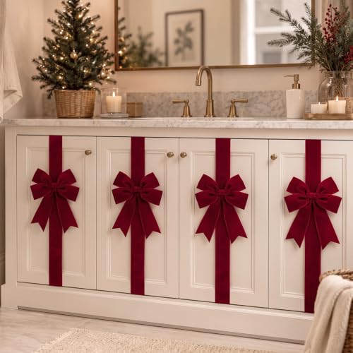 Burgundy Velvet Christmas Cabinet Bows with Ribbon - Set of 6 Holiday Decor