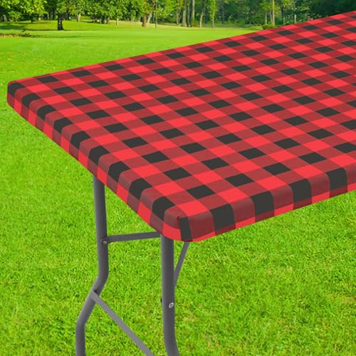 Smiry 96 x 30 inch Round-Edge 8 ft Fitted Vinyl Tablecloth with Flannel Backing, Red & Black Gingham