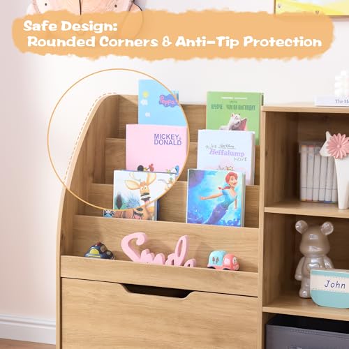 Kids Bookshelf and Toy Storage Organizer with Drawer and Bins