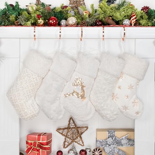 Large White Christmas Stockings Set of 5 Holiday Decor with Gold Pattern