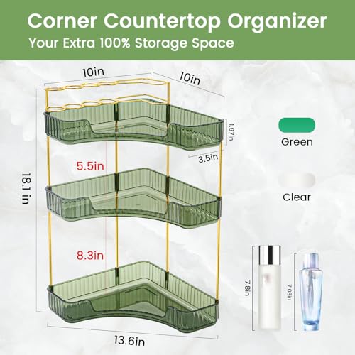 Green 3-Tier Corner Makeup Organizer with Brush Holder - Bathroom Storage