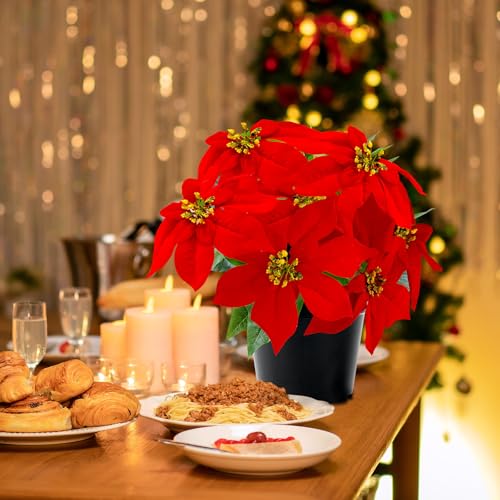 1PC Red Poinsettias Artificial Christmas Flowers, 9 Heads, 14 Inch Faux Plant for Holiday Decor