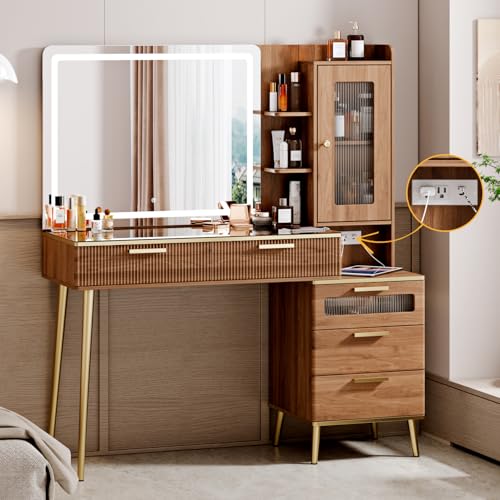 Modern Makeup Vanity Desk with Lighted Mirror, 5 Drawers & Charging Station