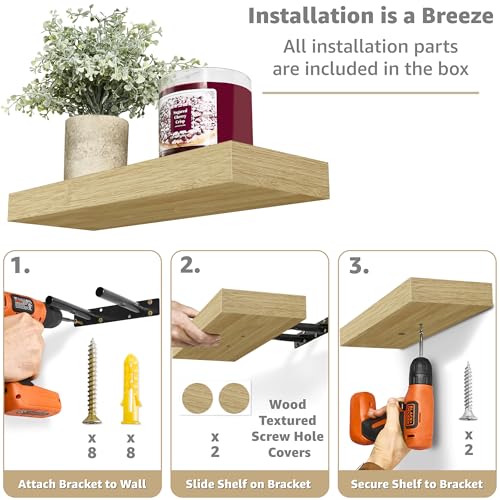 16-Inch Floating Wall Shelves with Invisible Brackets - Maple Wood, Set of 3