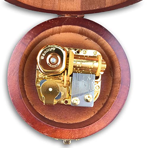 Circular Wooden Music Box with Wind-Up Mechanical Movement