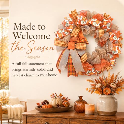 24-Inch Lighted Fall Pumpkin Wreath for Front Door with Storage Bag