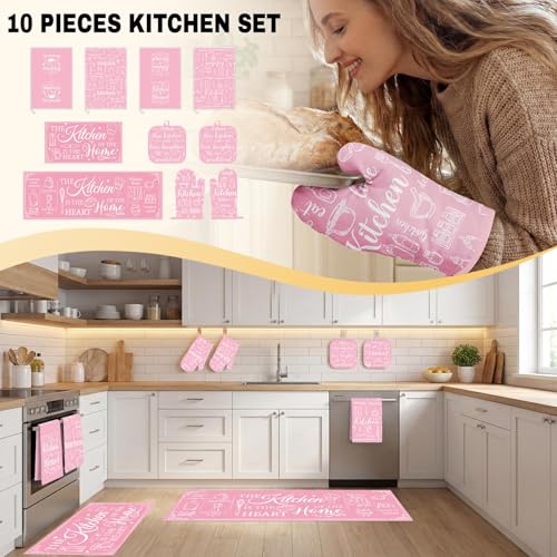 10-Piece Retro Pink Kitchen Decor & Baking Accessory Set with Towels and Rugs