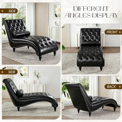 Modern Faux Leather Chaise Lounge Chair with Tufted Buttons and Pillow