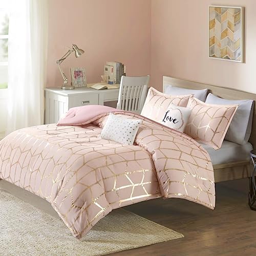 Geometric Metallic Comforter Set with Decorative Pillows, Full/Queen