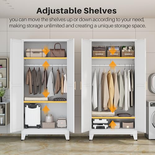 71" Metal Wardrobe Closet with Mirror, Freestanding Steel Clothing Armoire