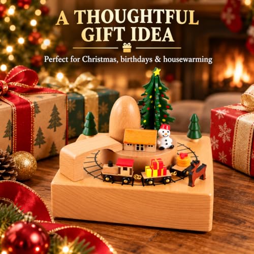 Wooden Christmas Music Box with Rotating Tree and Train - Wind-Up Holiday Decor
