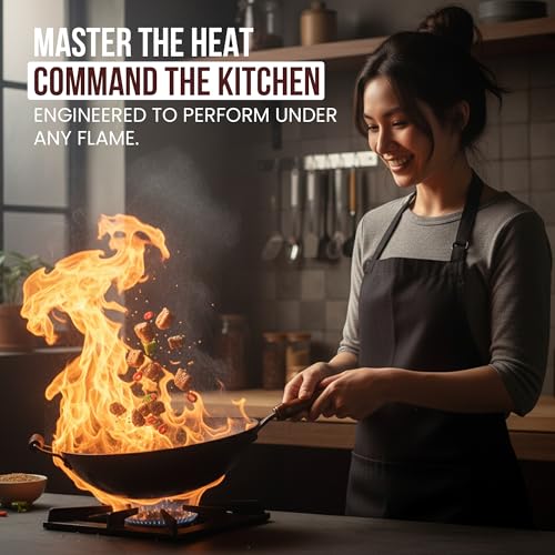 36cm Pre-Seasoned Cast Iron Wok with Wooden Lid & Dual Handles - Nonstick Chinese Stir-Fry Pan