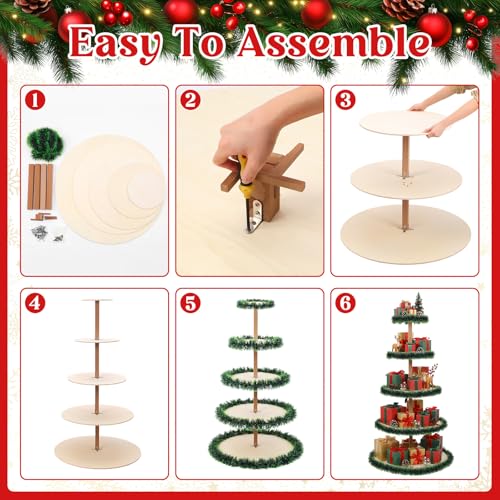 6ft Wooden Christmas Tree Shelf - 5-Tier Holiday Village Display Stand with Garland
