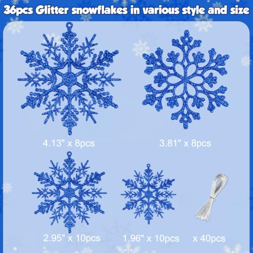 Royal Blue 36pcs Navy Blue Glitter Snowflake Ornaments for Christmas & Winter Decor