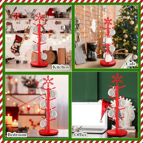 Red Snowflake Christmas Mug Tree Holder with 8 Hooks - Wooden Coffee Cup Organizer