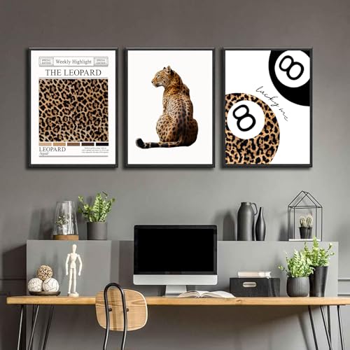 Leopard Wall Art Set of 3 Lucky 8 Ball Prints Preppy Room Decor