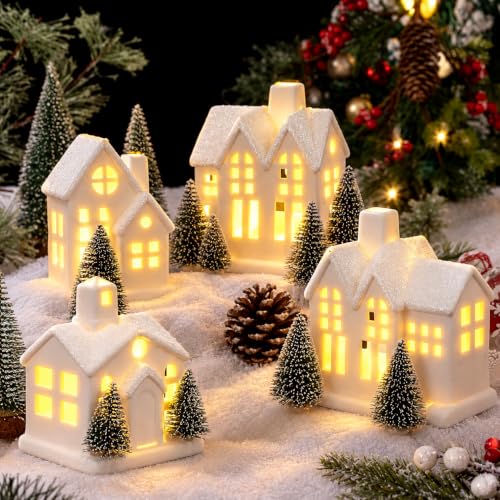 FTEJUWJ 4-Piece Ceramic Christmas Village Set with LED Lights Glitter Snow Scene