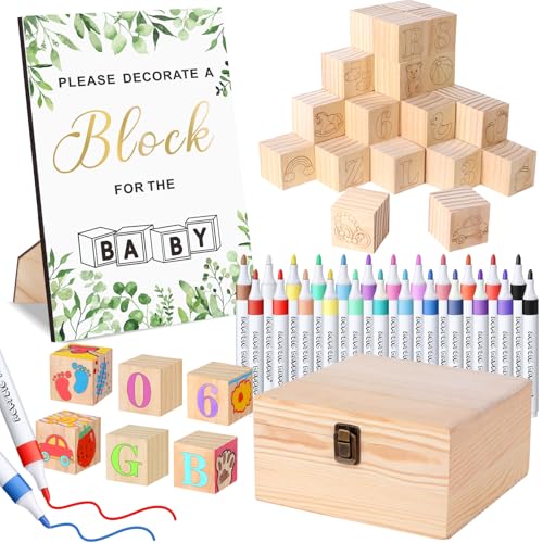 Baby Shower Guestbook Block Game Set with 50 Wooden Blocks & Markers