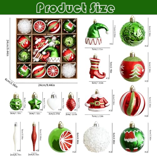 46-Piece Christmas Ornaments Set in Red & Green with Elf Hat, Santa, Stars – Shatterproof Baubles (GAOSOUPAI)