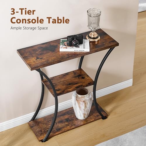 3-Tier Narrow Console Table, Rustic Wood Entryway Sofa Table with Metal Frame
