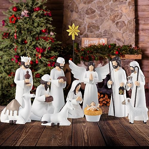 12 Piece Nativity Scene Set for Christmas Indoor Decorations - Elegant Resin Holy Family Figures