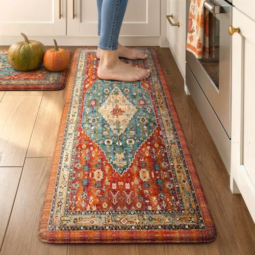 Boho Kitchen Mat Set of 2, Cushioned Anti-Fatigue Floor Rugs